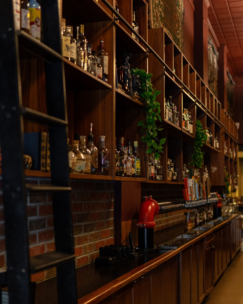 The Churchill bar wall with spirits and brass ladder shelving